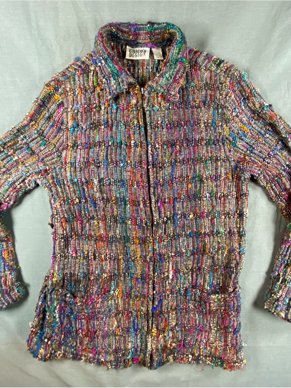 Vintage Chicos Silk Cotton Blend Zip Up Multicolor Cardigan Size Small